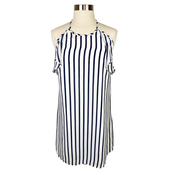 J. Crew Navy Blue & White Striped Ruffle Halter Dress - Picture 2 of 6